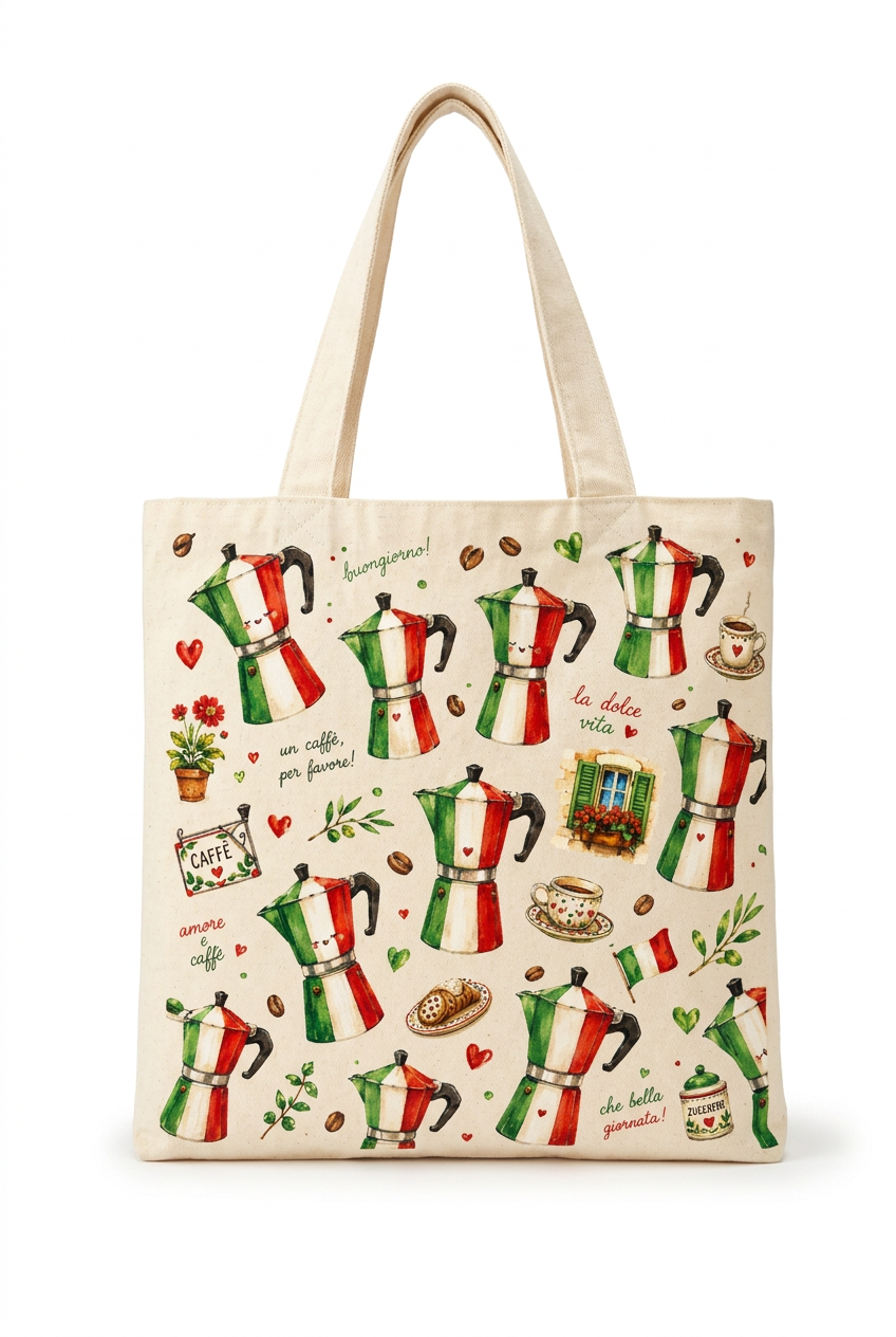 Italian moka pot tote isolated on a white background