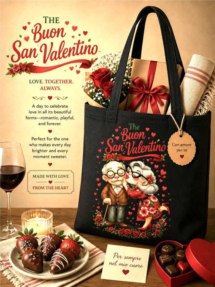 Valentine's Day-themed tote bag with romantic design, chocolates, and card on a decorative table.
