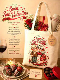 Valentine's Day-themed tote bag with romantic illustration, chocolates, and flowers on a decorative table setting.