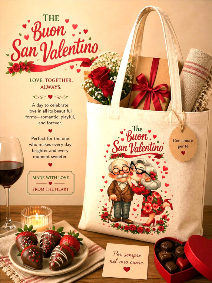 Valentine's Day-themed tote bag with romantic illustration, chocolates, and flowers on a decorative table setting.