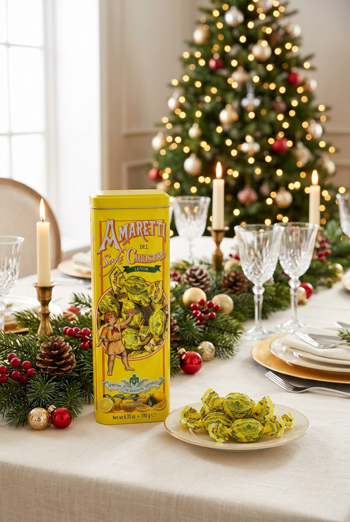 Lemon amaretti tower tin and wrapped cookies on a festive Christmas dining table