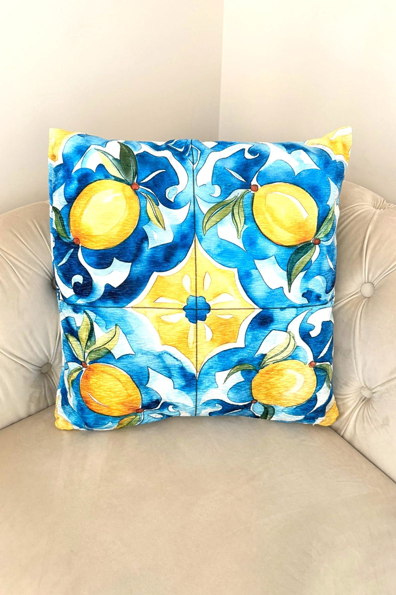 The Lemon Majolica  Velour Throw Pillow - Made in Italy