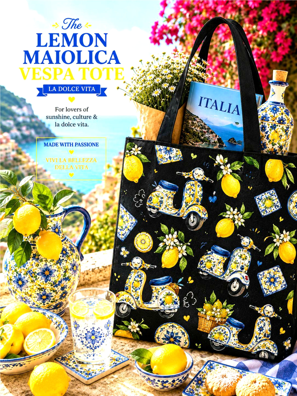 Black Lemon Maiolica Vespa tote bag with Italian-themed decor on a table with lemons and a magazine.