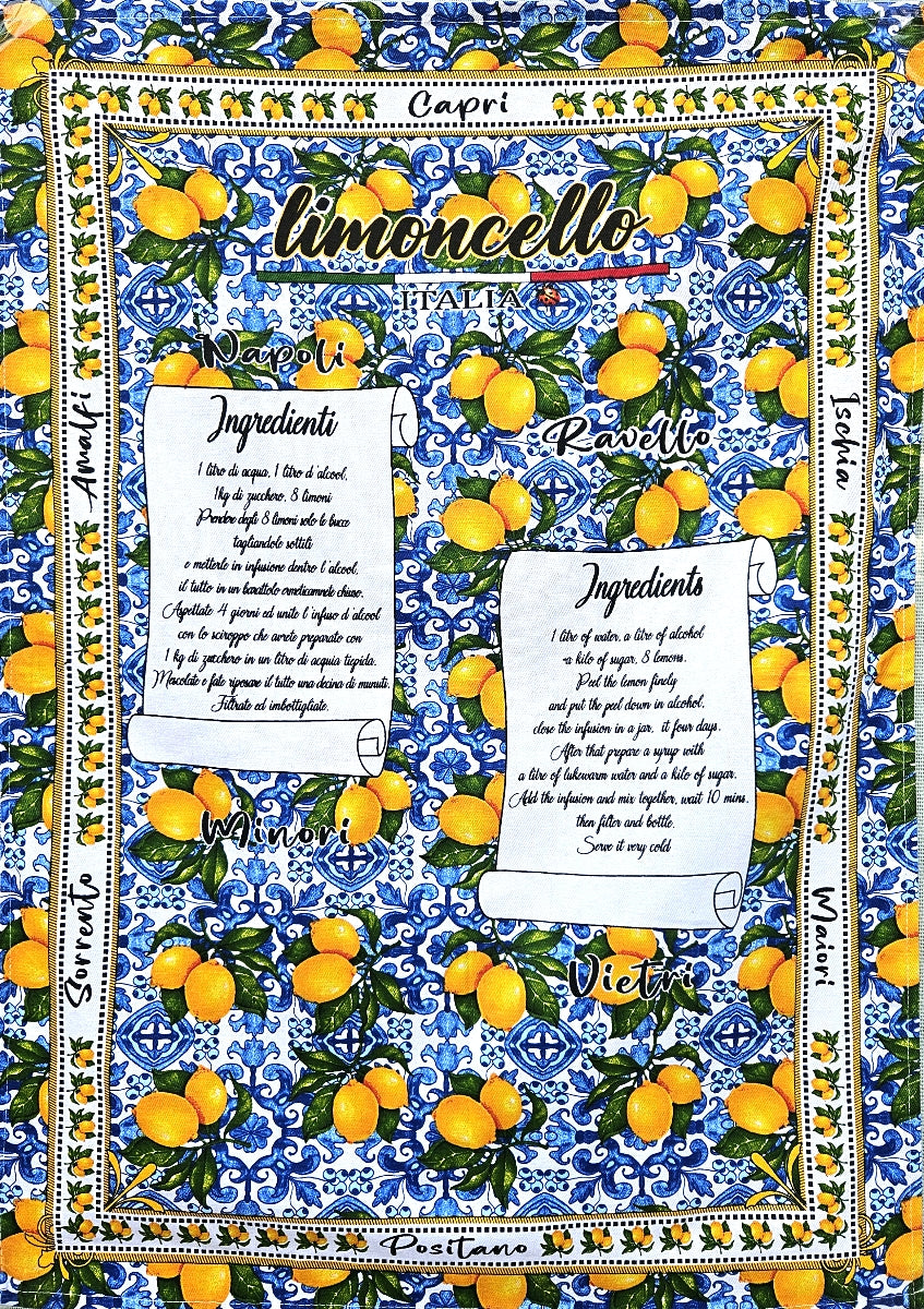 Decorative panel with lemons and 'limoncello' text on a blue patterned background