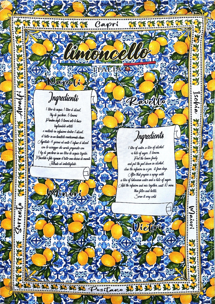 Decorative panel with lemons and 'limoncello' text on a blue patterned background