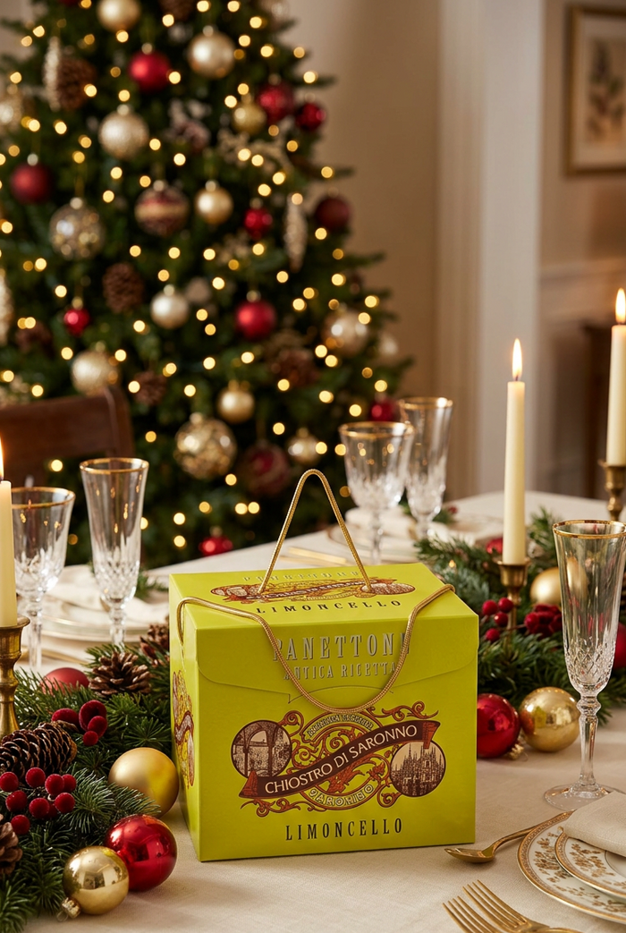 Limoncello panettone gift box on a festive Christmas dining table