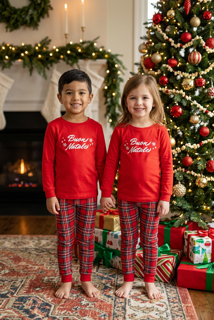 Little boy and girl wearing red Buon Natale pajamas beside a decorated Christmas tree