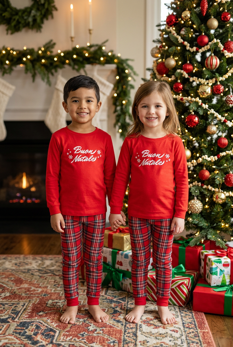 Little boy and girl wearing red Buon Natale pajamas beside a decorated Christmas tree