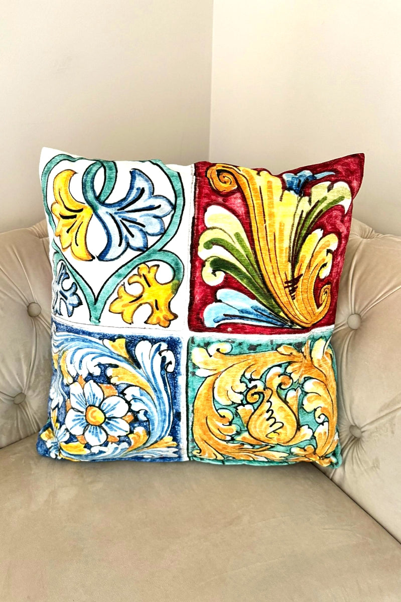 The Majolica  Tile Velour Throw Pillow - Made in Italy