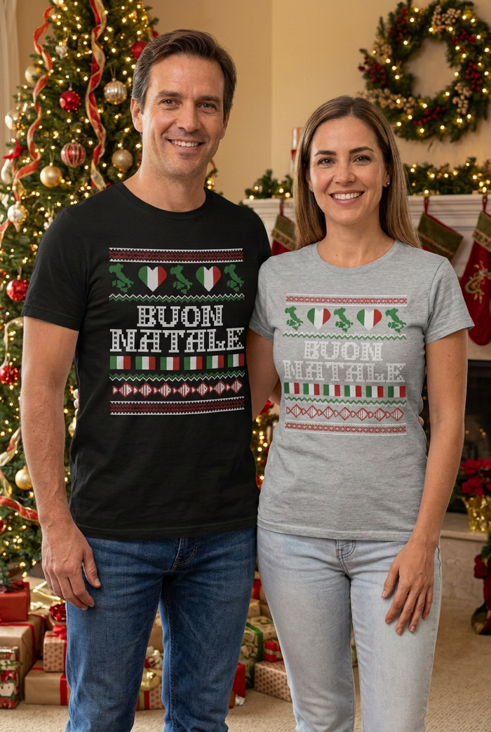 Man and woman in Buon Natale tees with a more festive Christmas background