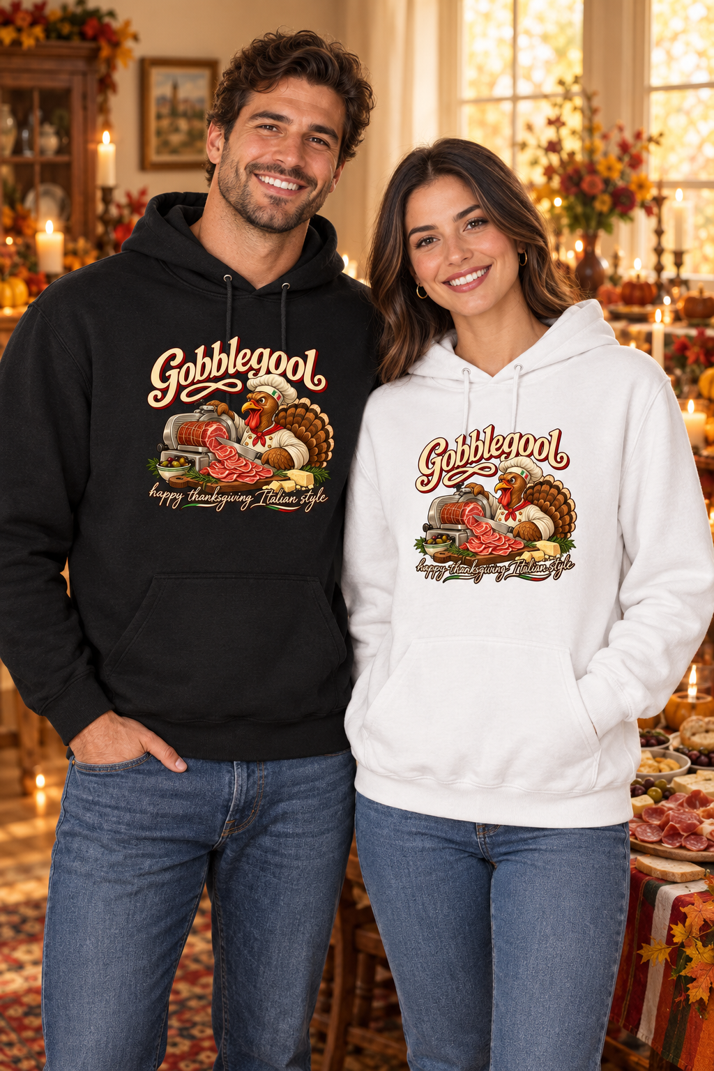 Man in the Black Gobblegool Hoodie and woman in the White Gobblegool Hoodie at Thanksgiving