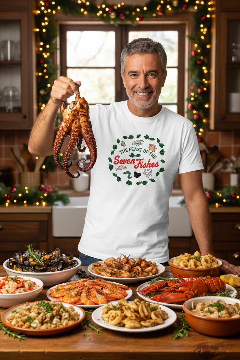 Man in the new white Seven Fishes shirt holding up an octopus in a Christmas Italian kitchen