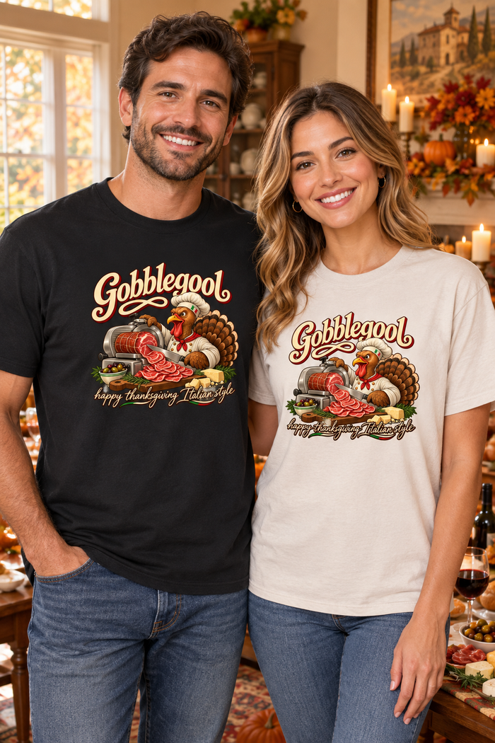 Man wearing the Black Gobblegool tee and woman wearing the Dust tee in a Thanksgiving setting