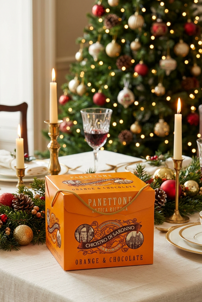 Orange and Chocolate Panettone gift box on a festive Christmas dining table