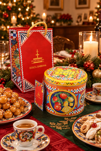 Orange Fiasconaro panettone on an Italian-American Christmas table