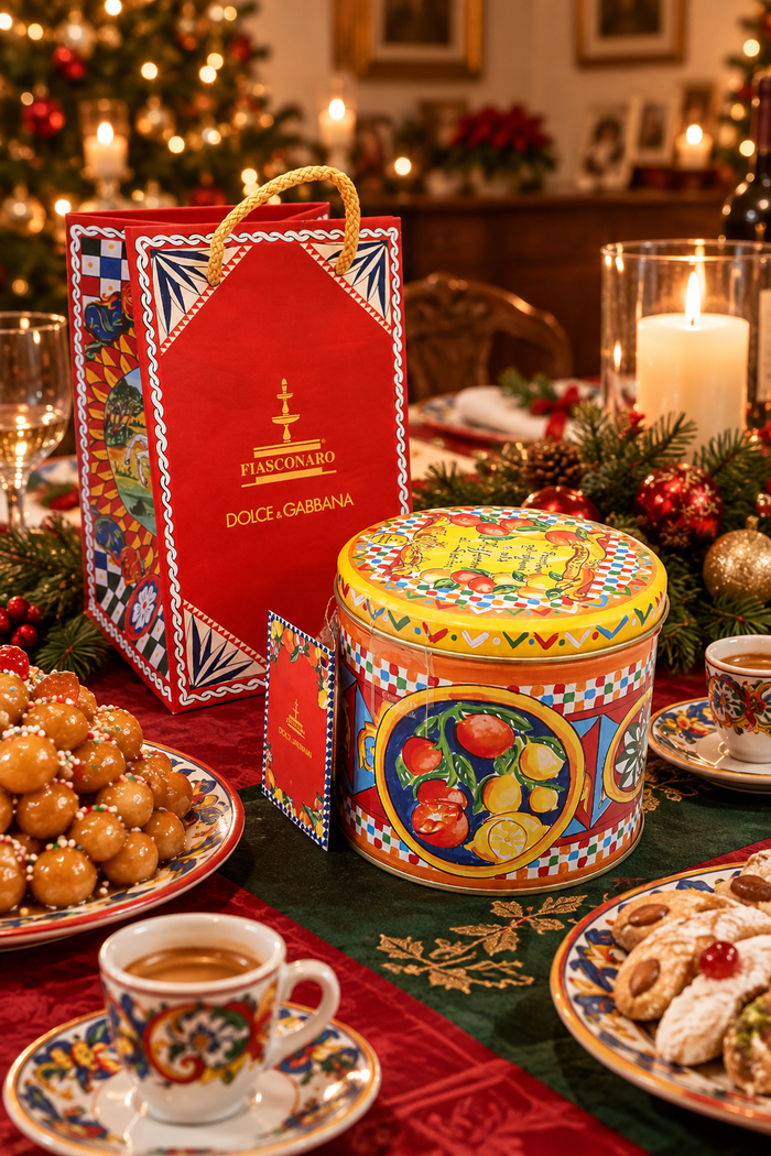 Orange Fiasconaro panettone on an Italian-American Christmas table