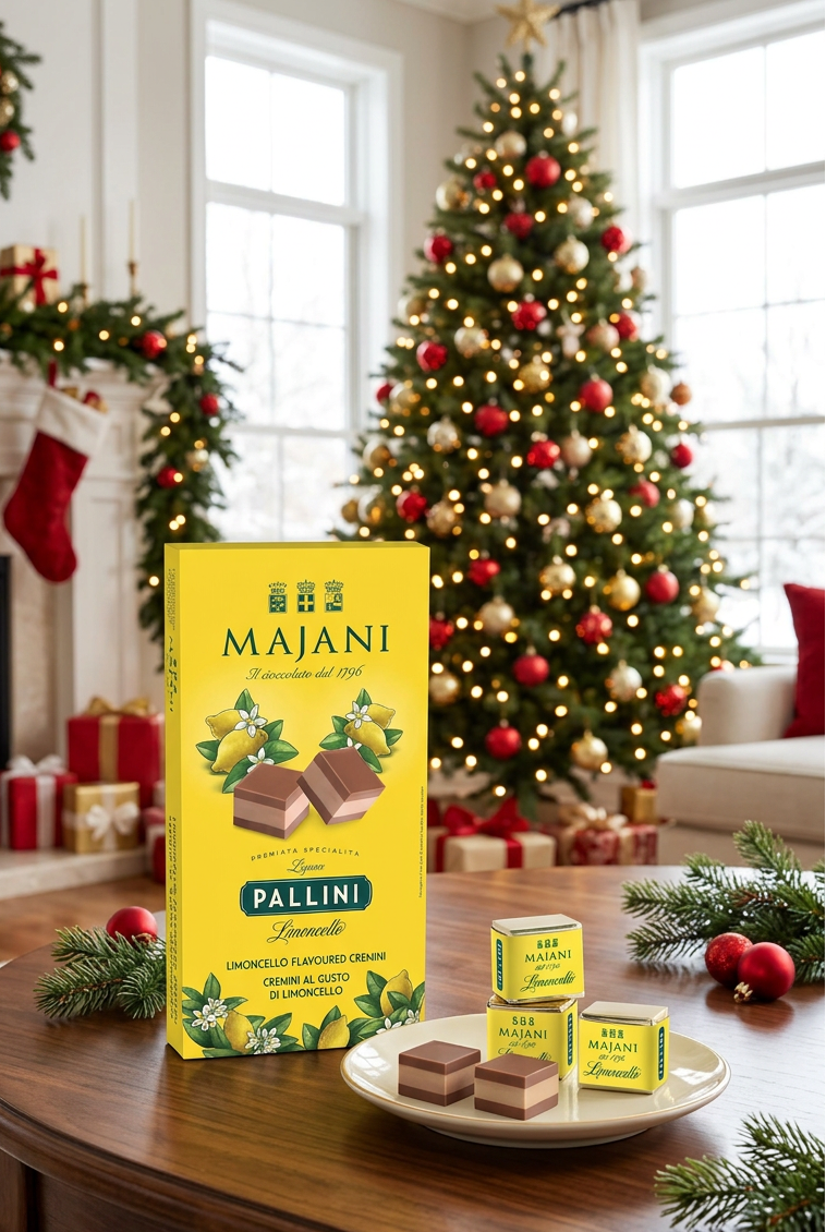 Pallini Limoncello chocolates and package on a festive Christmas living-room table