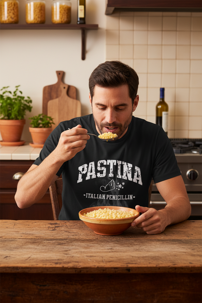 Pastina tee with bowl of pastina
