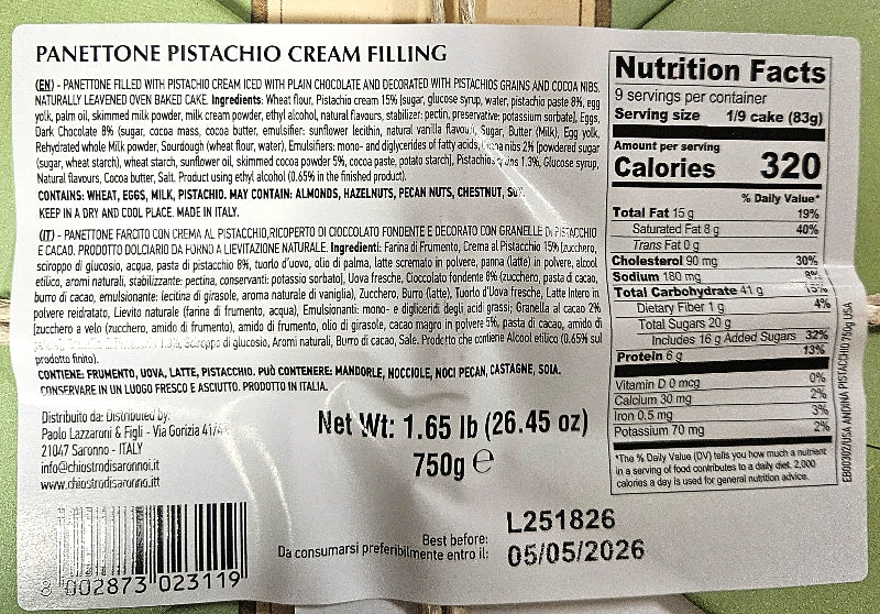 Panettone with Pistachio  Cream - Chiostro di Saronno - 750 Gr