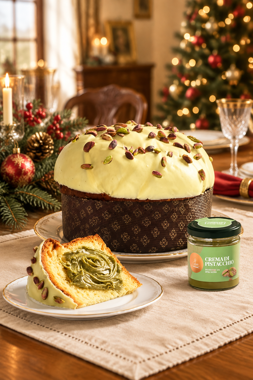 Pistachio panettone, slice, and cream jar on a Christmas dining table