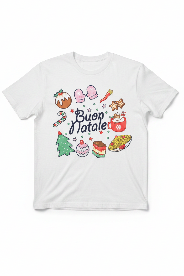 Plain white T-shirt with the Buon Natale logo
