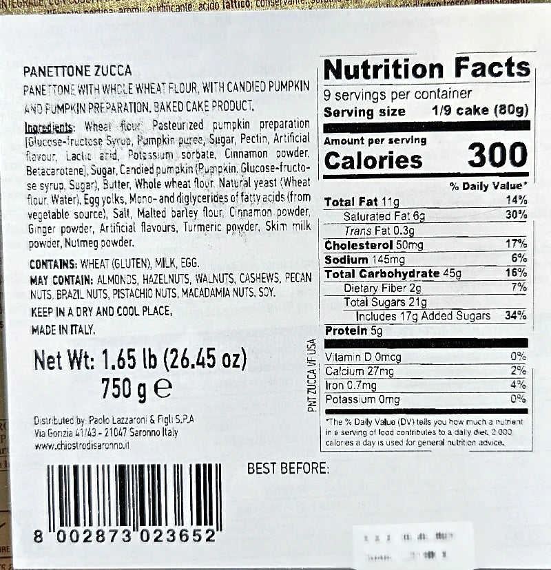 Panettone with Pumpkin  Cream - Chiostro di Saronno - 750 Gr