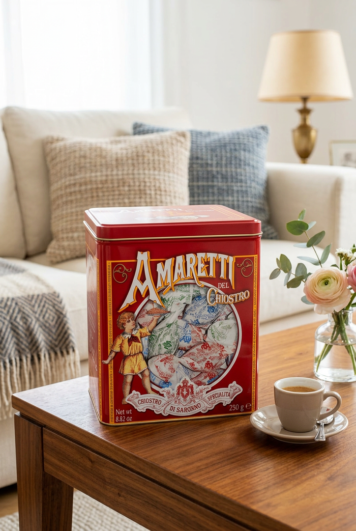 Red amaretti tin on a wooden living-room coffee table