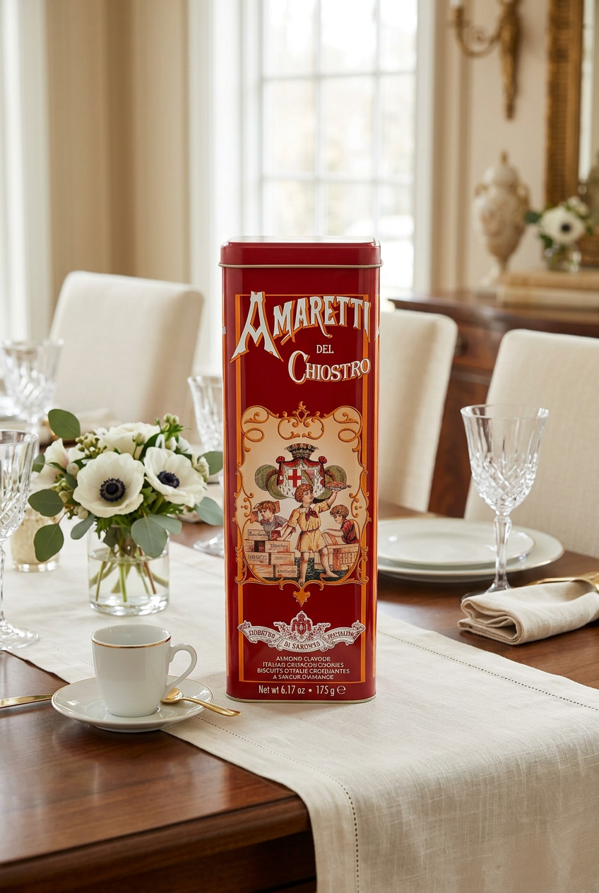Red amaretti tower tin on an elegant dining-room table