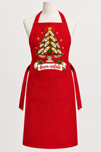 Red apron mockup with cannoli tree artwork