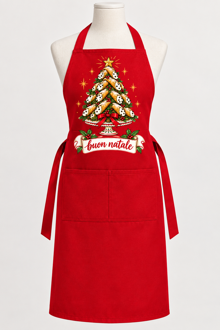 Red apron mockup with cannoli tree artwork