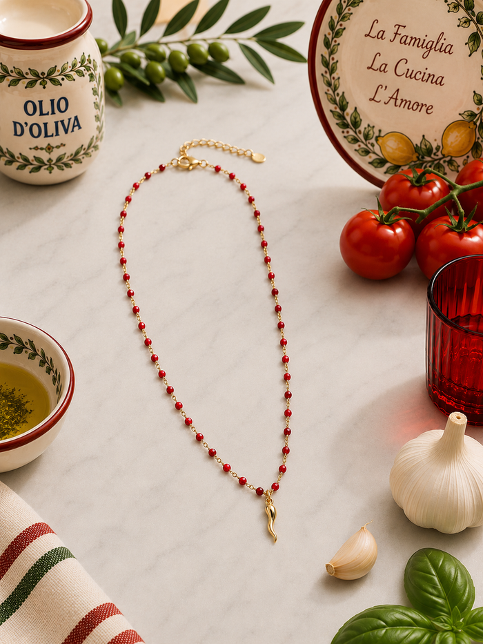 The Silver Beaded Cornicello Necklace - Red Beads
