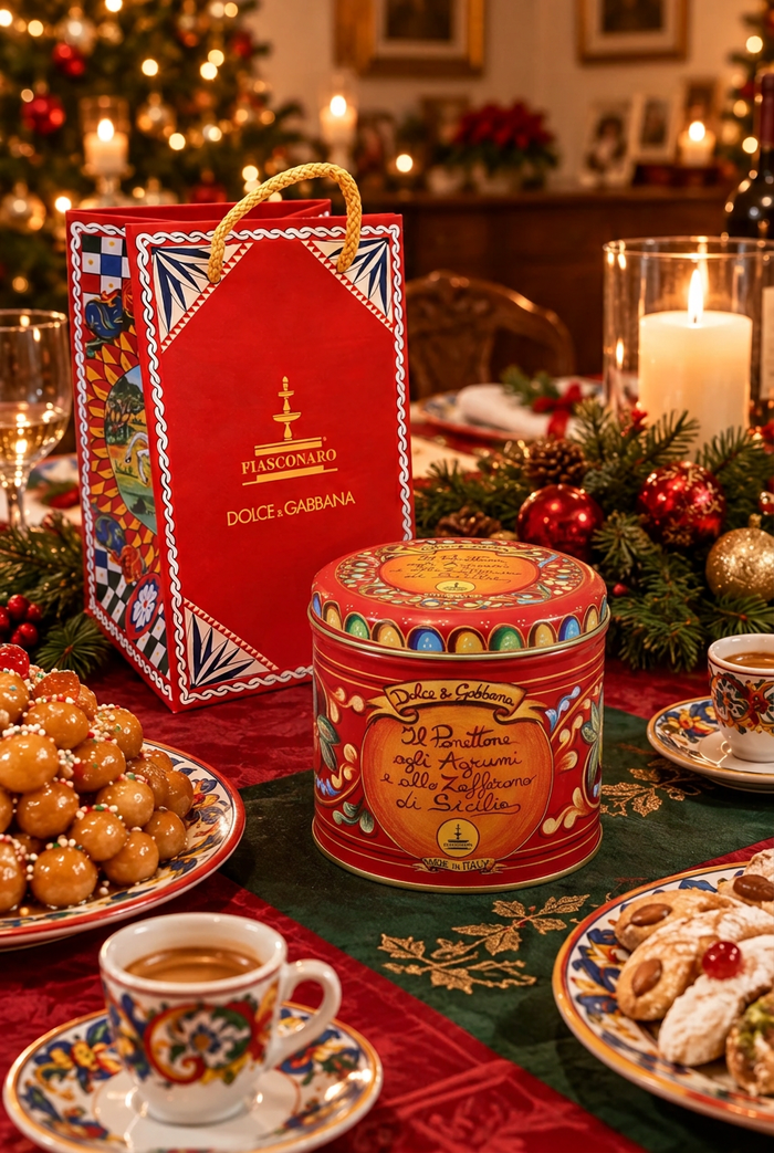 Red mini panettone tin in the Christmas table scene