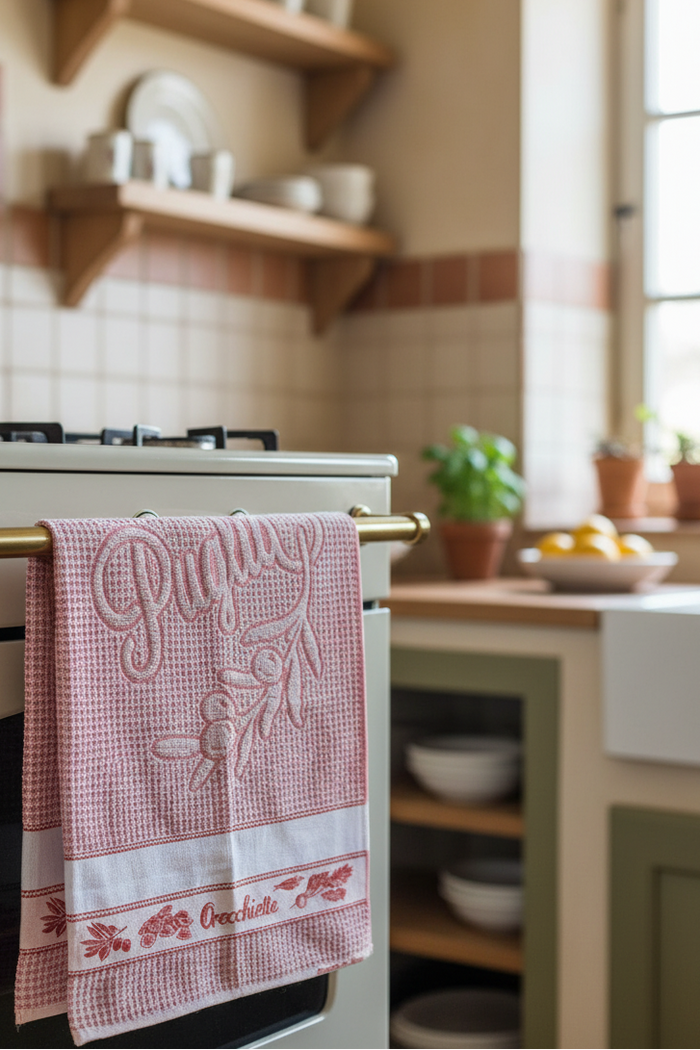 Red Puglia towel hanging in an Italian kitchen