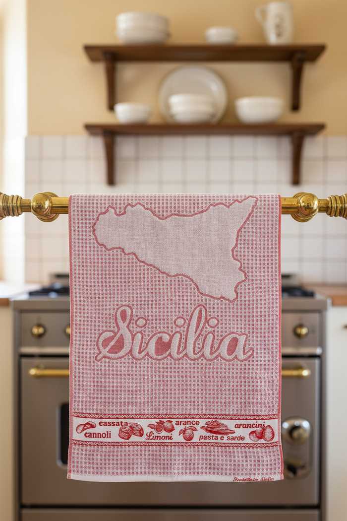 Red Sicilia towel in an Italian kitchen