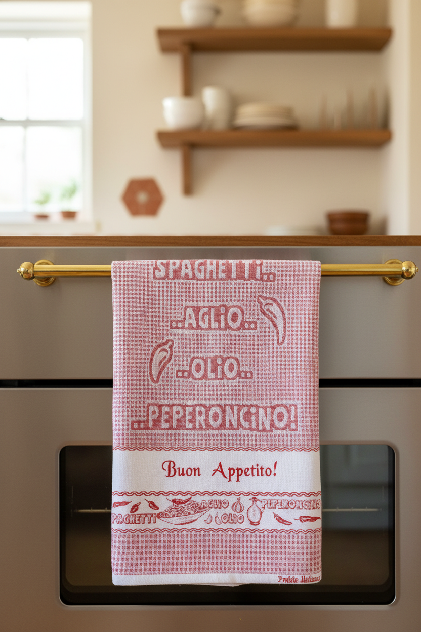 Red Spaghetti Aglio e Olio towel in an Italian kitchen