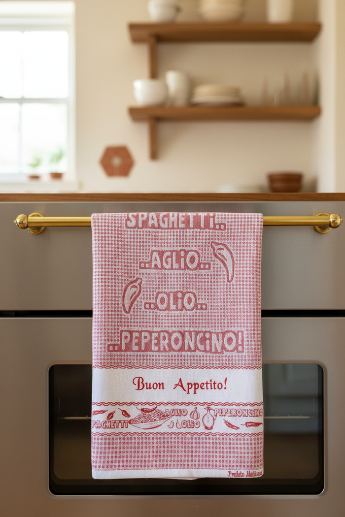 Red Spaghetti Aglio e Olio towel in an Italian kitchen