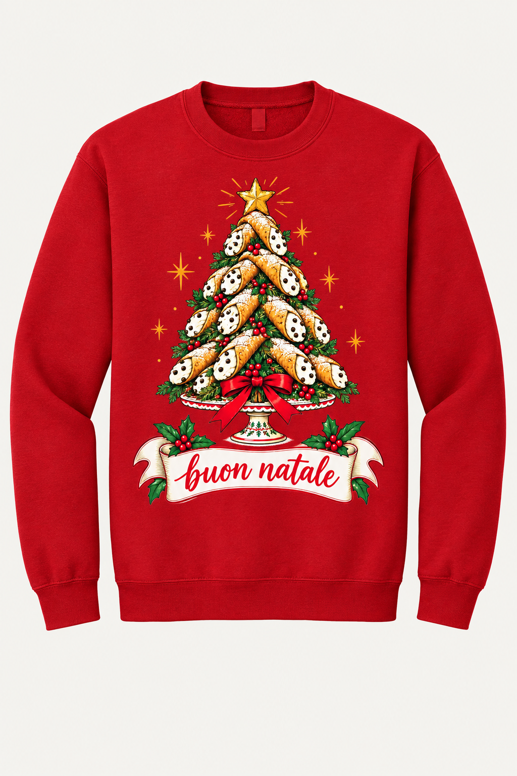 Red sweatshirt mockup with cannoli tree artwork