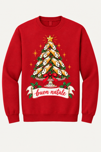 Red sweatshirt mockup with cannoli tree artwork