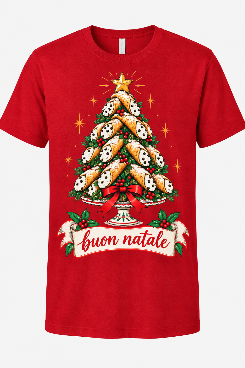 Red T-shirt mockup with cannoli tree artwork