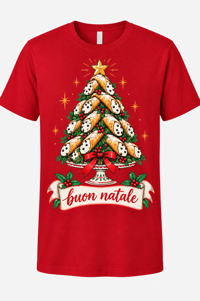 Red T-shirt mockup with cannoli tree artwork