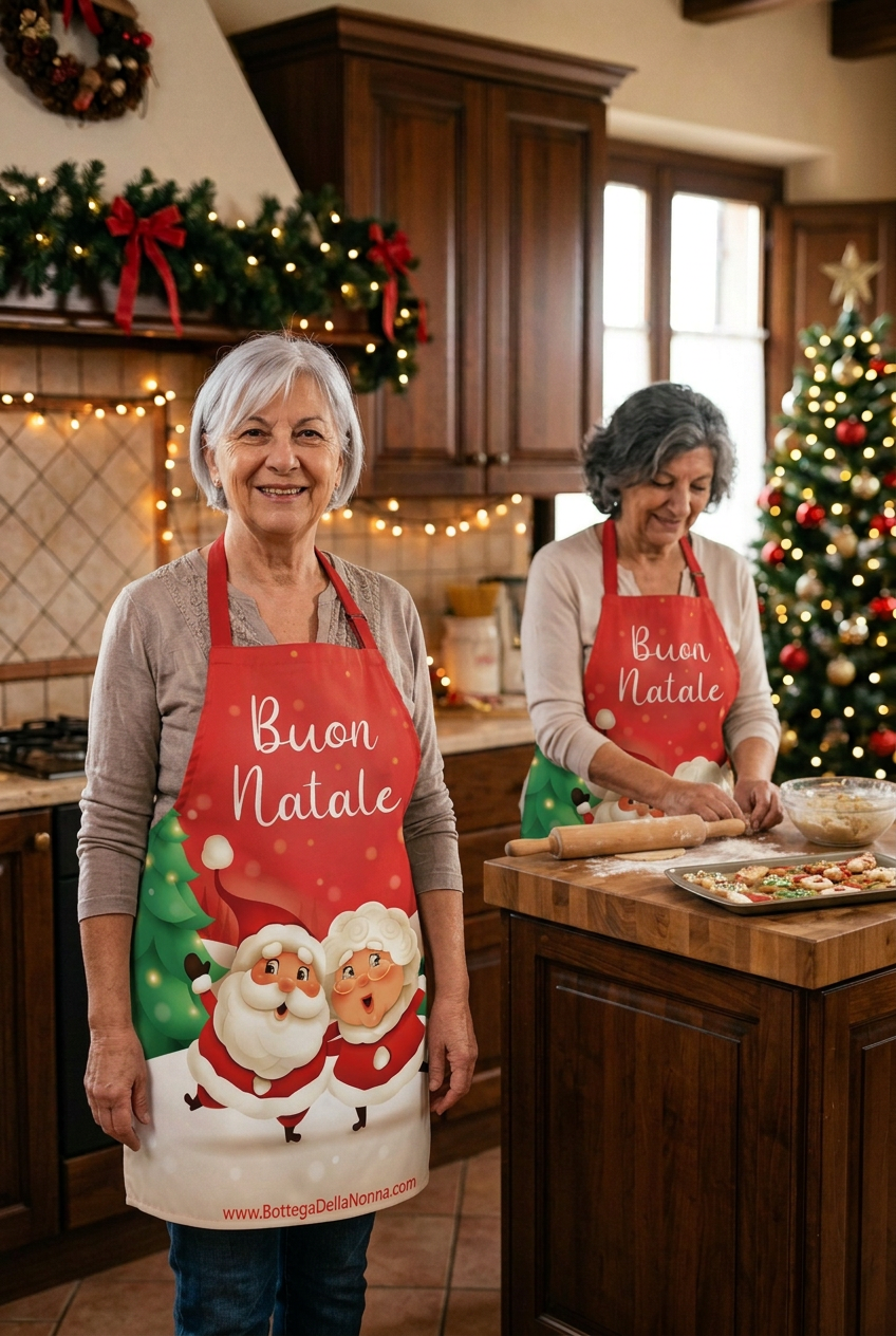Revised Christmas kitchen scene with the left grandmother standing clear of the island to show her full apron