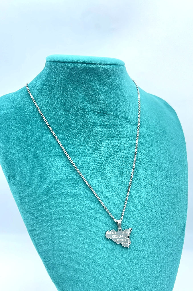 Sicily Map Necklace - White - Stainless Steel