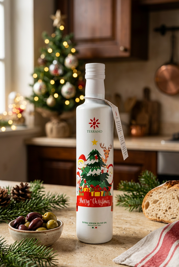 Terrano Christmas olive oil bottle on a festive Italian kitchen counter