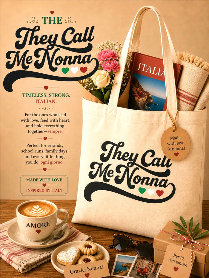 Tote bag with 'They Call Me Nonna' text, coffee cup, cookies, and gift box on a wooden surface.