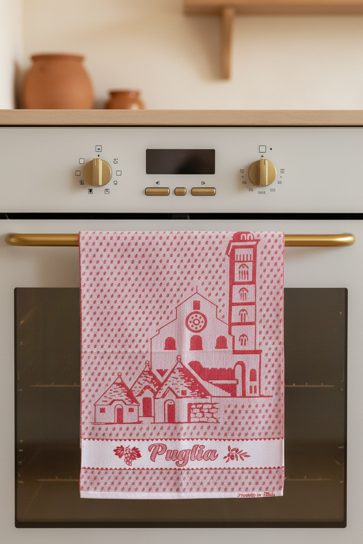 Tight front-facing red Puglia towel lifestyle photo