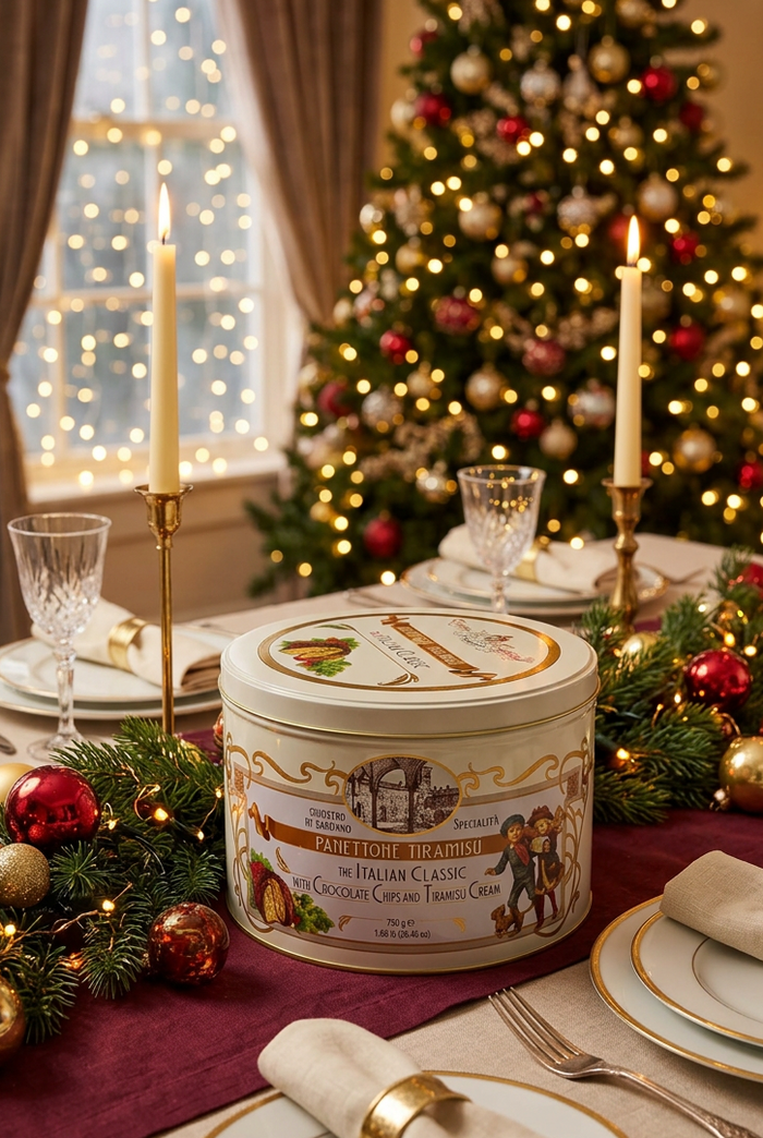 Tiramisu panettone tin on a festive dining room table