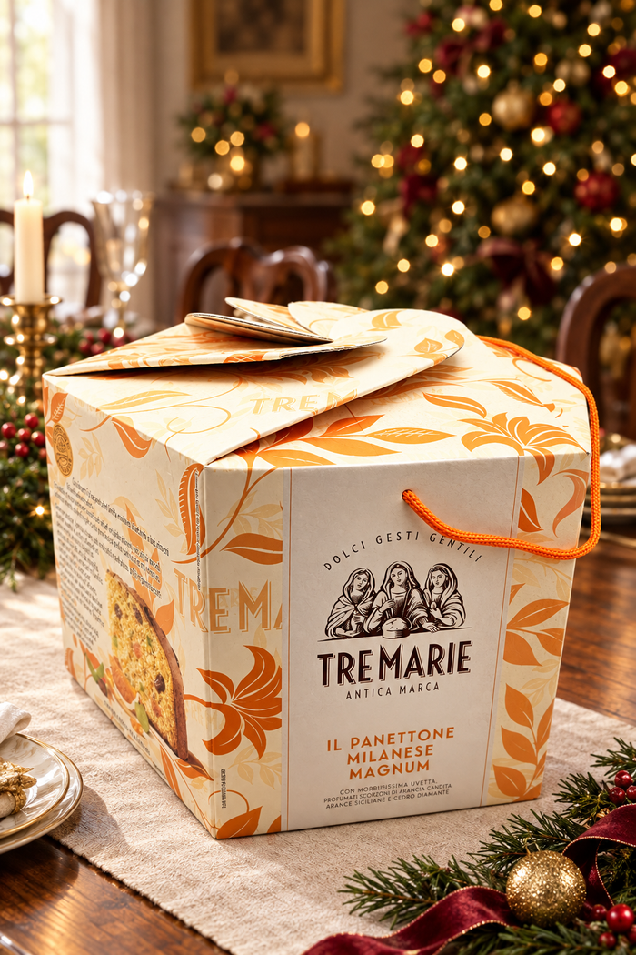 Tre Marie Magnum panettone in a Christmas dining-room setting