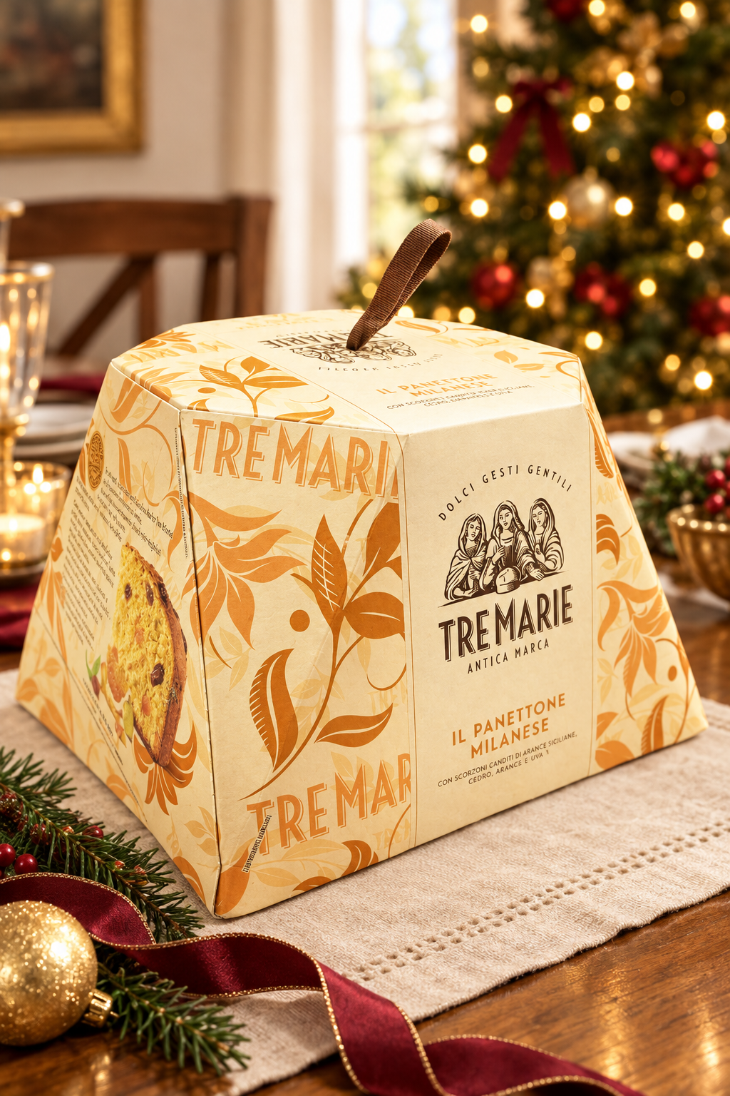 Tre Marie panettone in a Christmas dining-room setting