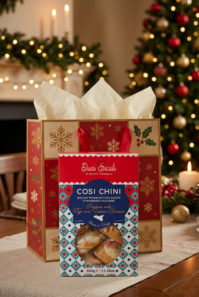Tumminello Cosi Chini cookie box in front of a Christmas gift bag on a festive dining table