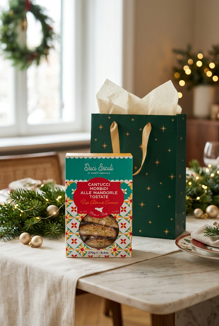 Tumminello soft almond cantucci box with an emerald Christmas gift bag on a marble dining table